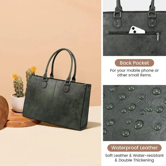 Women's Dark Green 15.6 inch vintage vegan leather and high-density Tote Bag